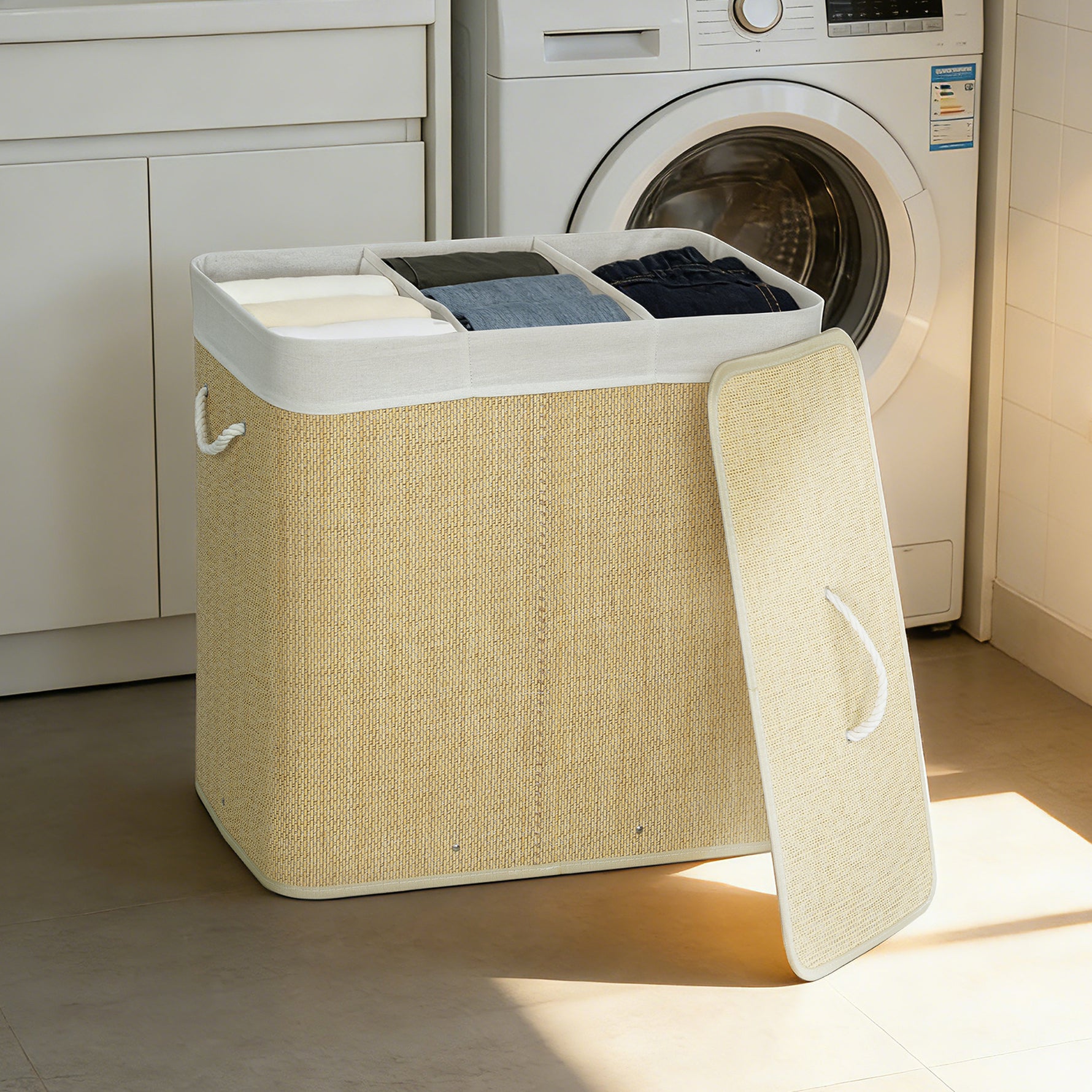 Panier à linge à trois compartiments avec couvercle, panier à linge en bambou 144 L avec poignées en corde