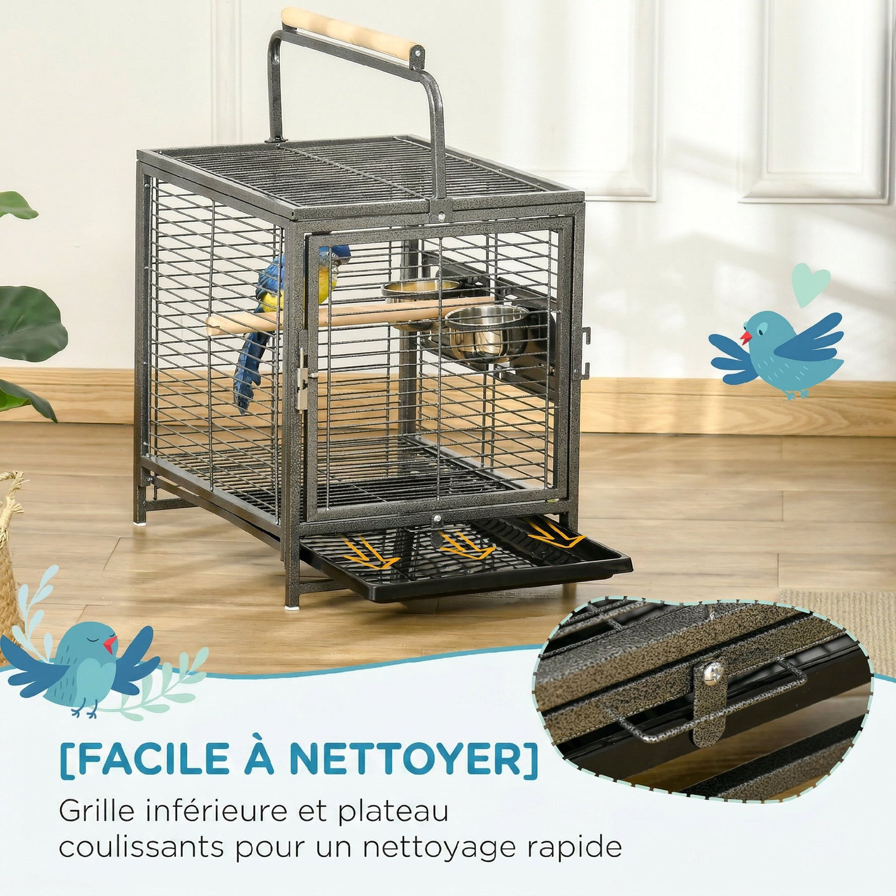 Cage de transport en acier pour perroquets, cage à oiseaux avec 2 bols en acier inoxydable, 2 perchoirs, plateau, noir