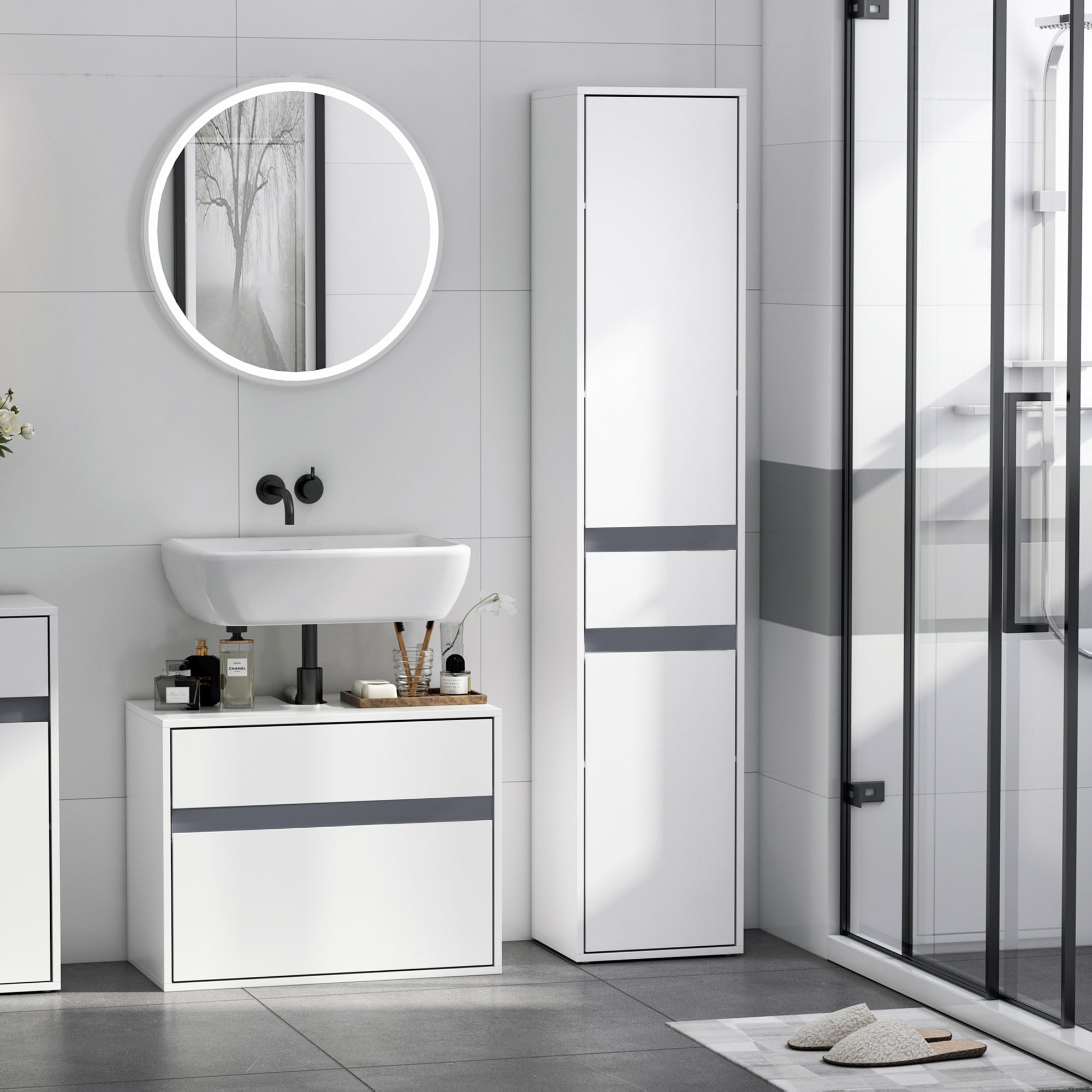 Mobile a colonna per bagno stile contemporaneo 2 ante 3 ripiani e cassetto scorrevole pannelli di particelle bianco