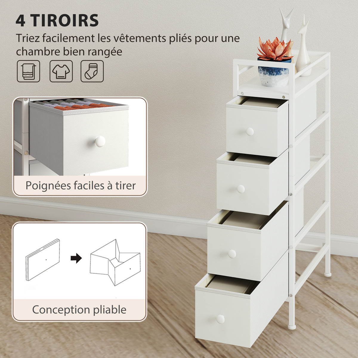 Ladekast met 4 opvouwbare stoffen lades, smalle opbergkast, moderne stijl, stalen frame, 20 x 43 x 81,5 cm, wit