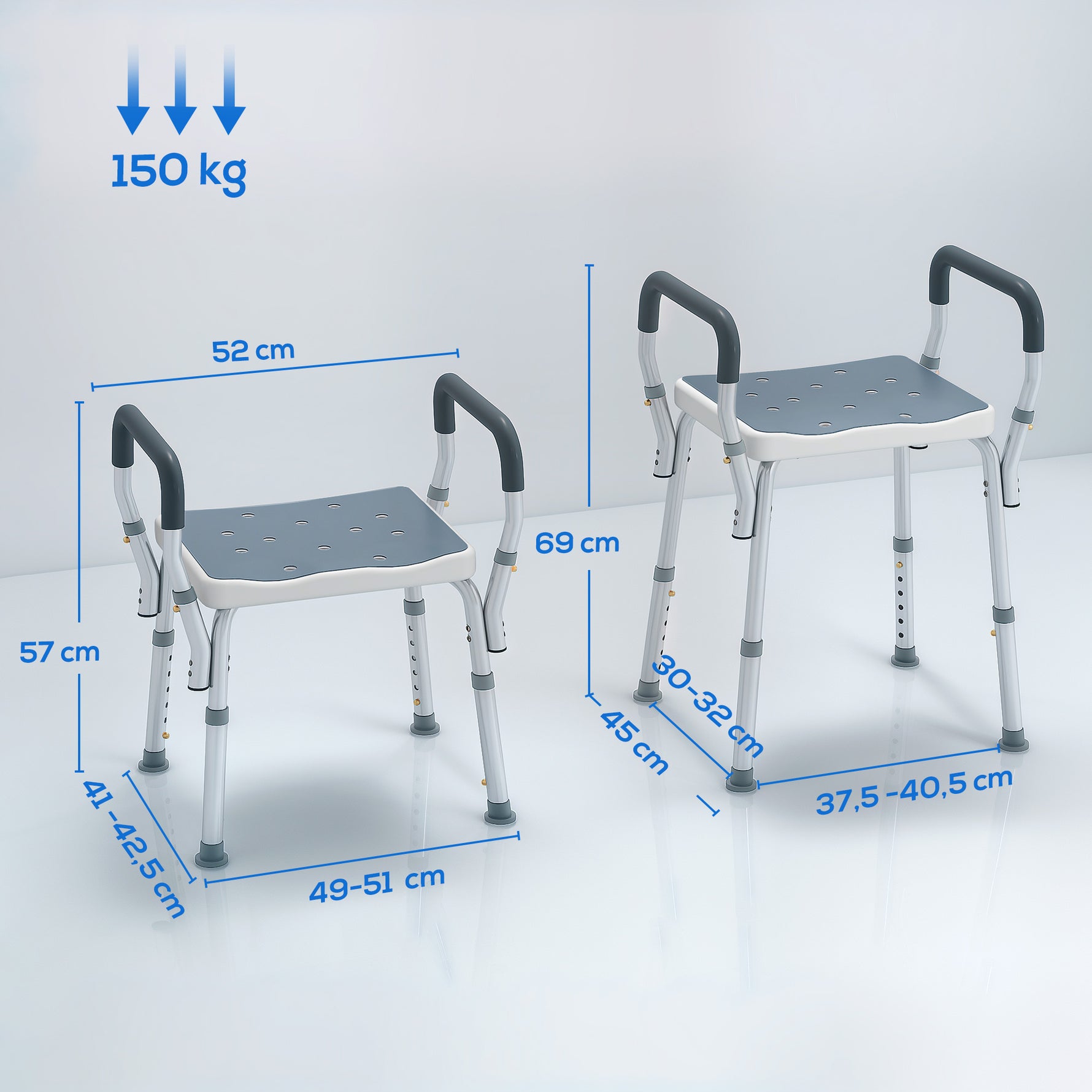 Tabouret de douche pour personnes âgées et handicapées avec accoudoirs, hauteur réglable, patins antidérapants, bleu