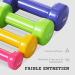 Ensemble d'haltères courtes total 10 Kg - paires de 0,5/1/1,5/2 Kg avec malette - entraînement musculaire & haltérophilie - métal PU rose, jaune, vert, violet