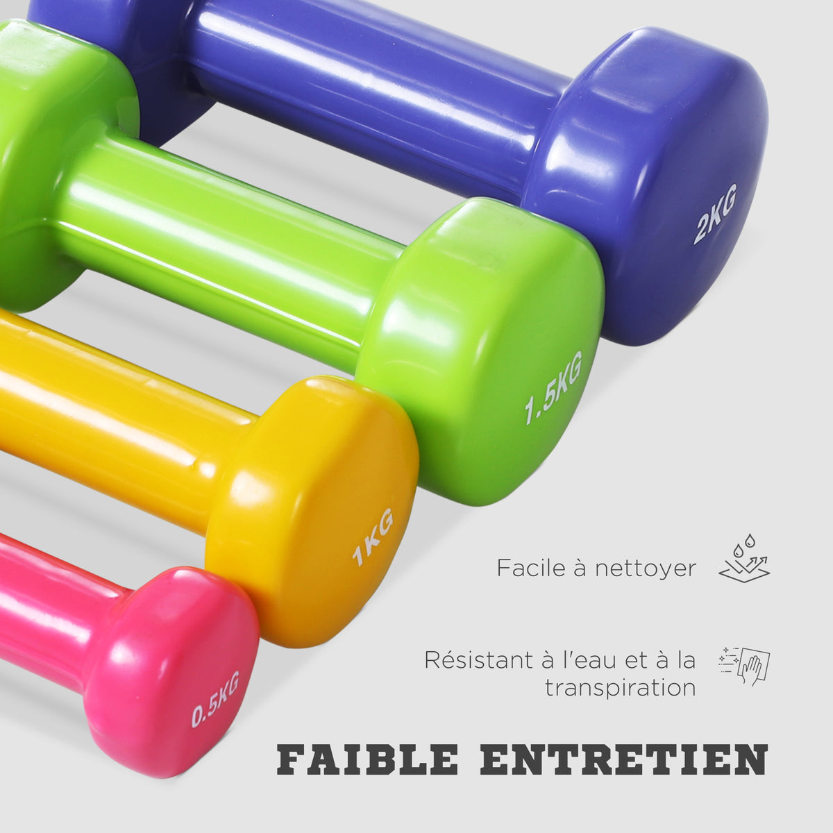 Ensemble d'haltères courtes total 10 Kg - paires de 0,5/1/1,5/2 Kg avec malette - entraînement musculaire & haltérophilie - métal PU rose, jaune, vert, violet