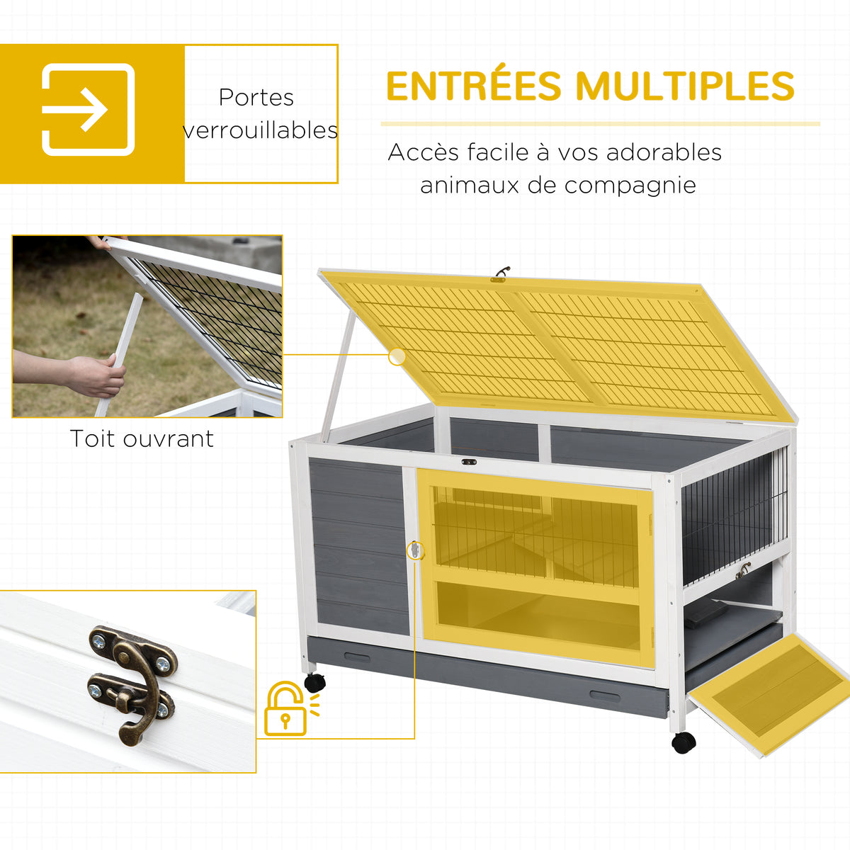 Clapier en bois cage à lapin villa pour lapin avec plateau coulissant, porte verrouillable, dessus ouvrable gris
