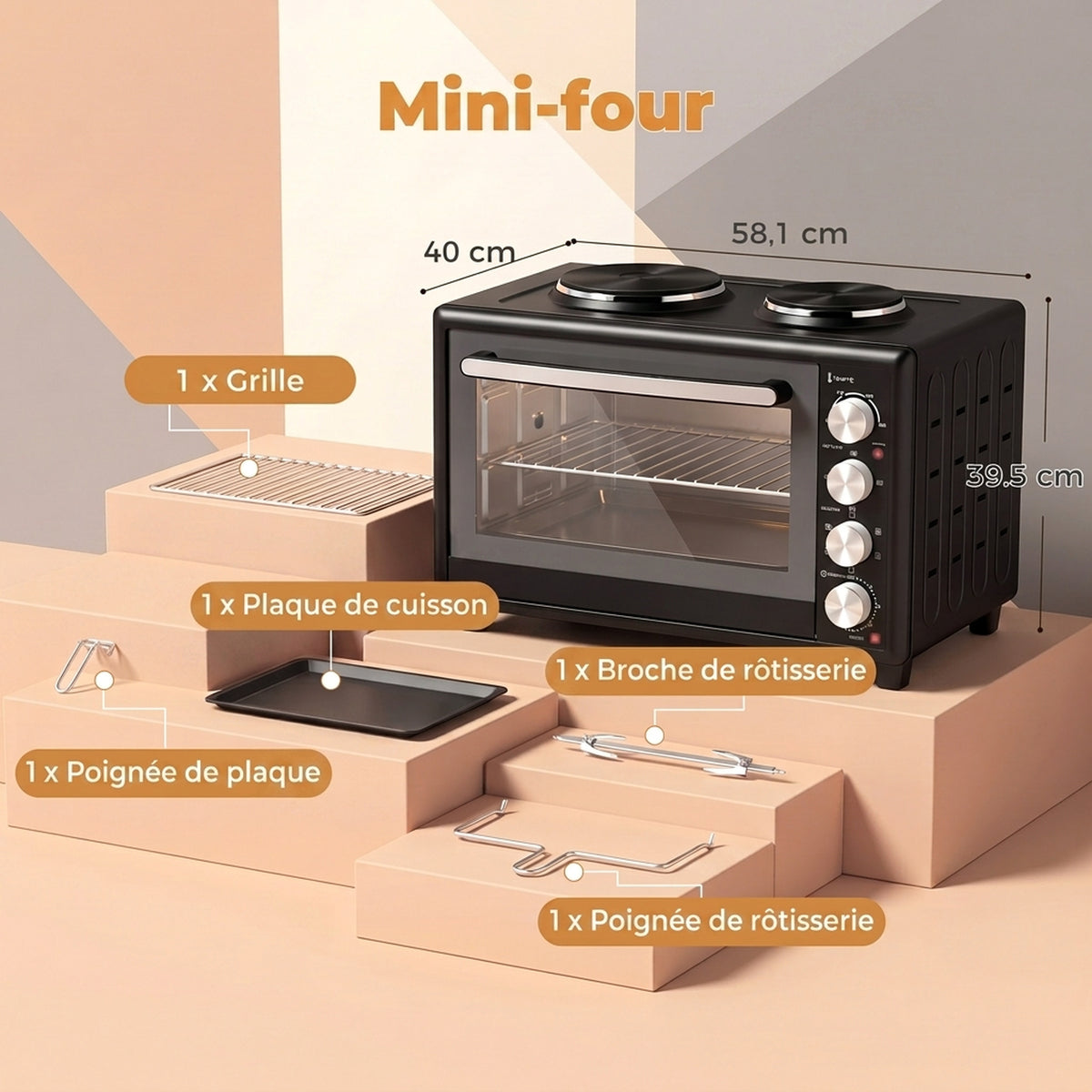 Minihorno con 2 placas de cocción y rustidor 46L 2850 W, horno de convección multifunción, temporizador, negro
