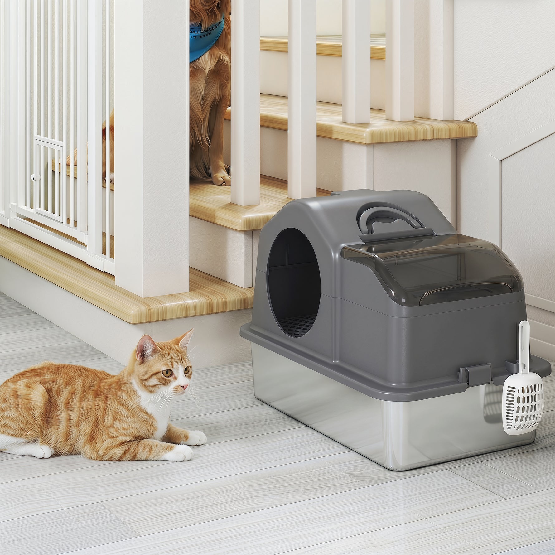 Maison de Toilette pour Chat avec Couvercle Amovible et Fermé, Côtés Hauts, 60,5x40,5x45cm, Gris Foncé