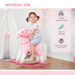 Cheval à Bascule en Bois et Peluche pour Enfant Cheval de Cowboy peluche Pour Enfants de 3-6 Ans Jouet balançoire avec Effet sonore Selle rênes Rose Blanc
