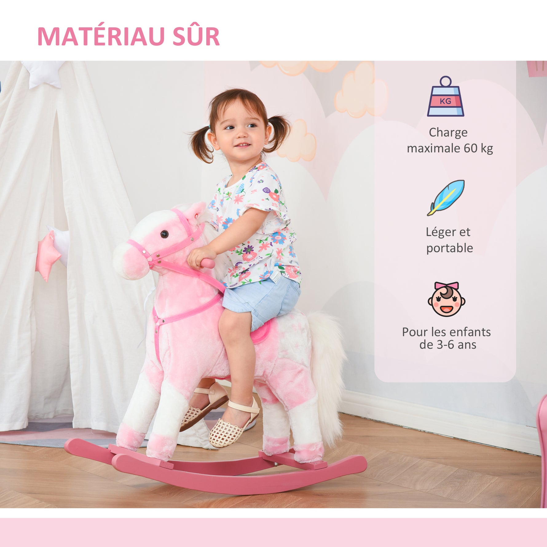 Cheval à Bascule en Bois et Peluche pour Enfant Cheval de Cowboy peluche Pour Enfants de 3-6 Ans Jouet balançoire avec Effet sonore Selle rênes Rose Blanc