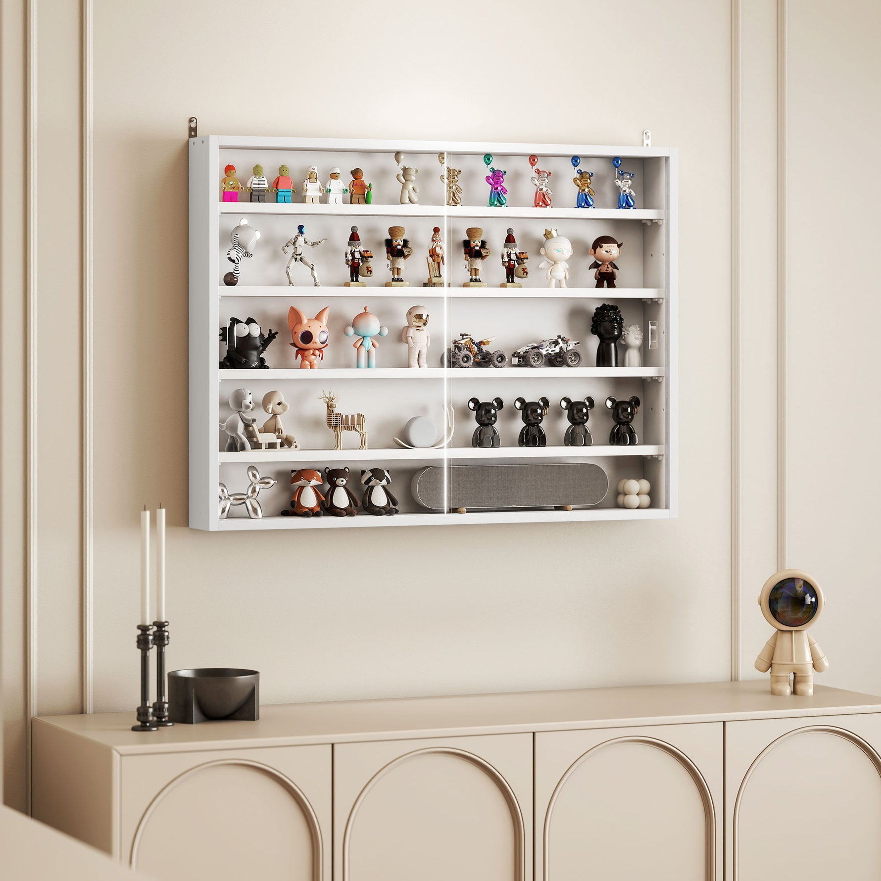 Vitrine murale pour objets de collection 4 étagère réglables en hauteur et 2 portes coulissantes 80 x 9,5 x 60 cm blanc