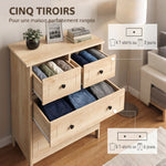 Commode meuble de rangement 5 tiroirs pour chambre, bureau, entrée, chêne et poignée métal noir