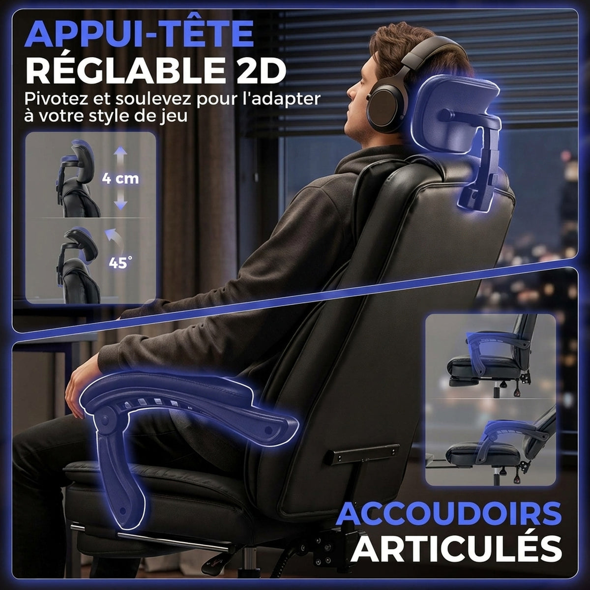 Silla Gaming Ergonómica, Sillón Gaming Reclinable de Piel Sintética, Altura Ajustable, Reposacabezas 2D, Negro