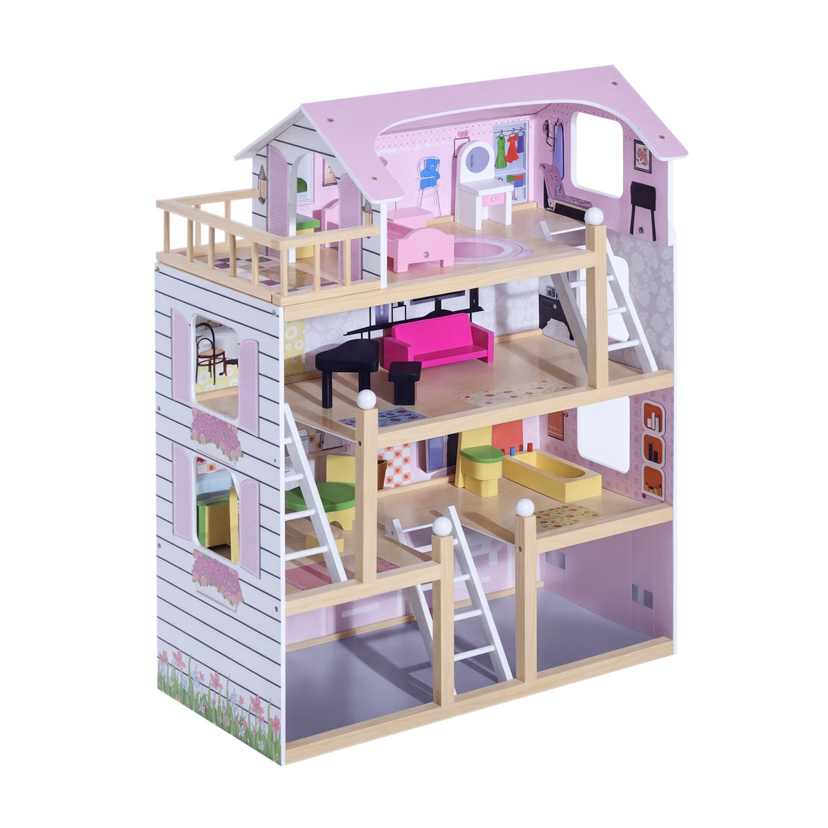 Maison de poupée en Bois Jeu d'imitation 4 Étages pour 3+ ans avec 13 Accessoires Grand réalisme Multi-équipement 60L x 30l x 80H cm Blanc et Rose