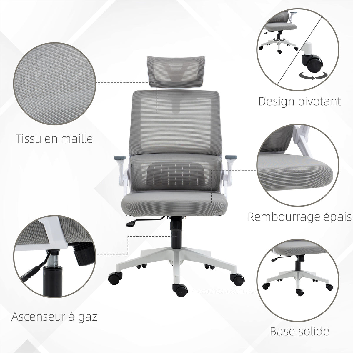 Sedia da ufficio regolabile in tessuto a rete di poliestere, schienale ergonomico reclinabile girevole grigio