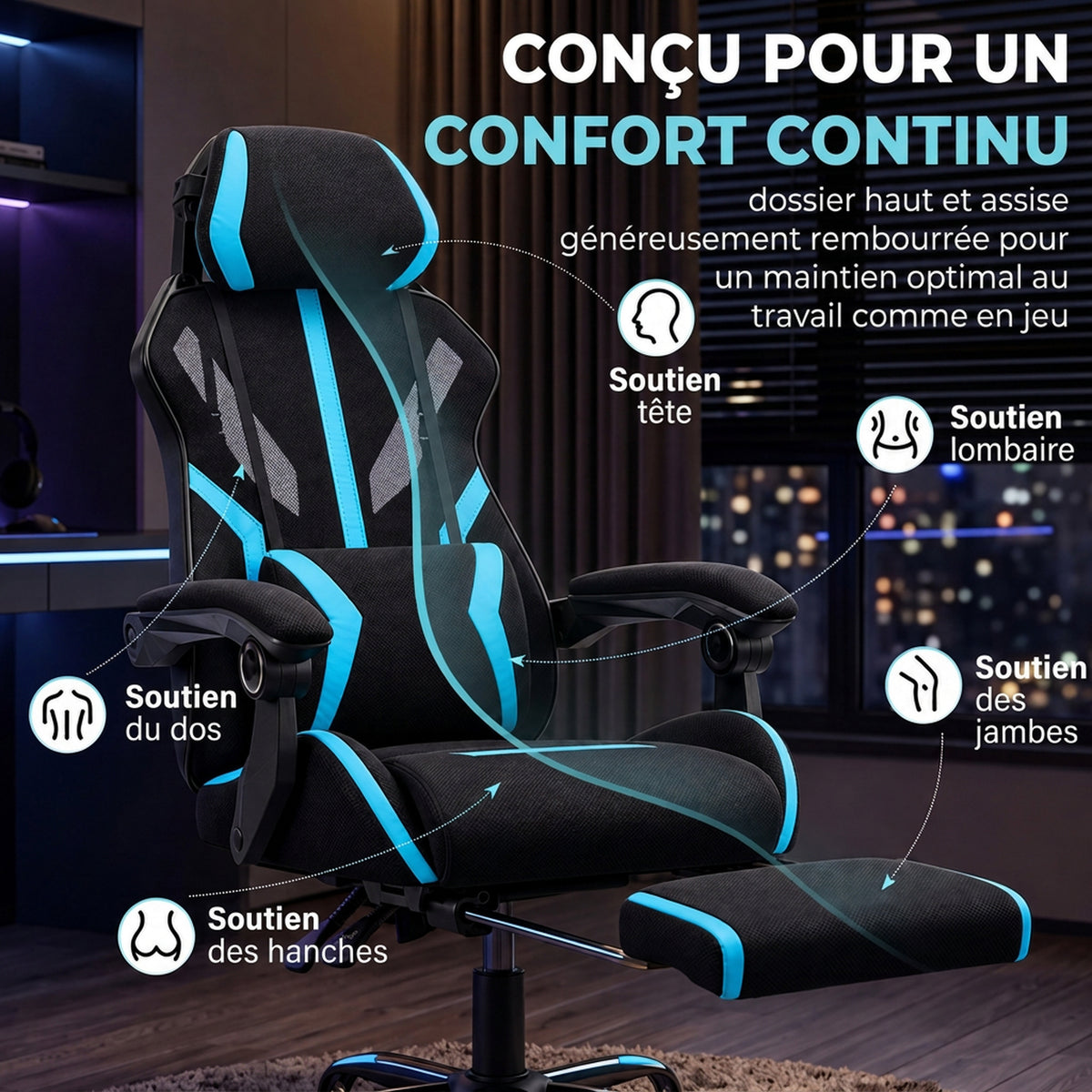 Ergonomic Gaming Chair, Reclining Mesh Gaming Chair with Adjustable Headrest, Lumbar Support, Black and Blue