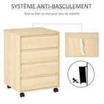 Caisson de Bureau, Rangement Bureau sur Roulettes, 4 Tiroirs Coulissants en Bois, Naturel