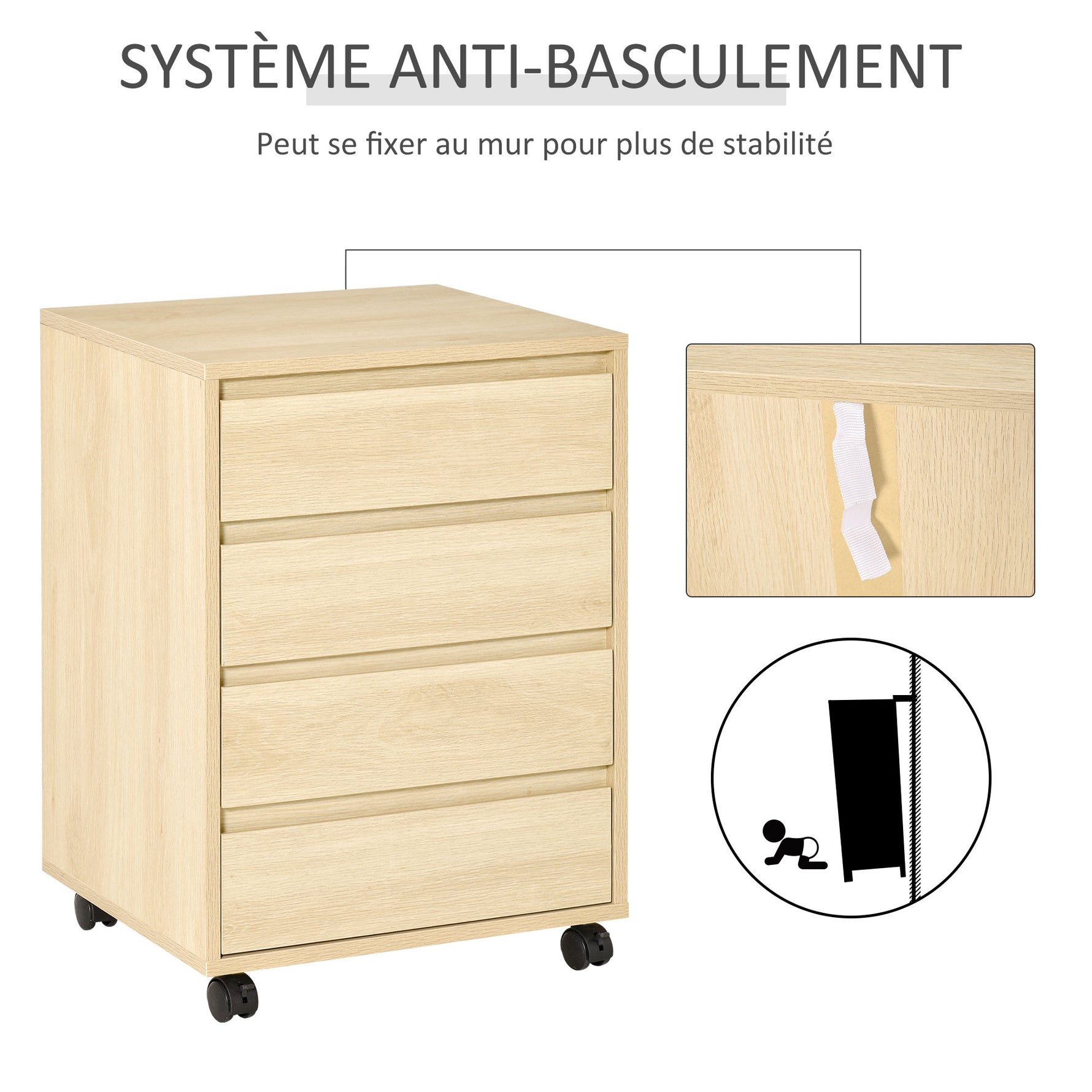 Caisson de Bureau, Rangement Bureau sur Roulettes, 4 Tiroirs Coulissants en Bois, Naturel