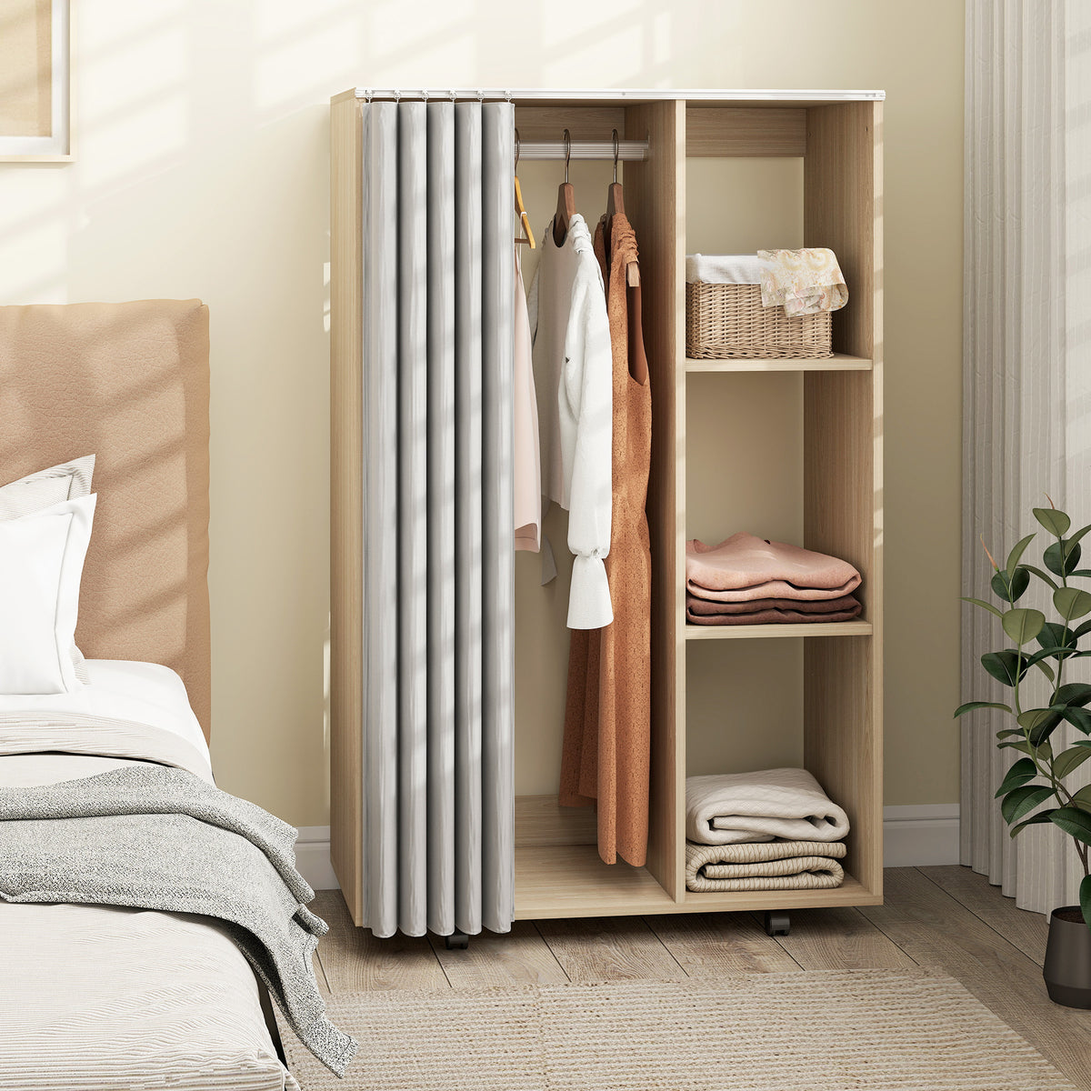 Armoire penderie vêtement dressing mobile 4 roulettes tringle à vêtements et étagères 80x40x128cm, effet bois naturel