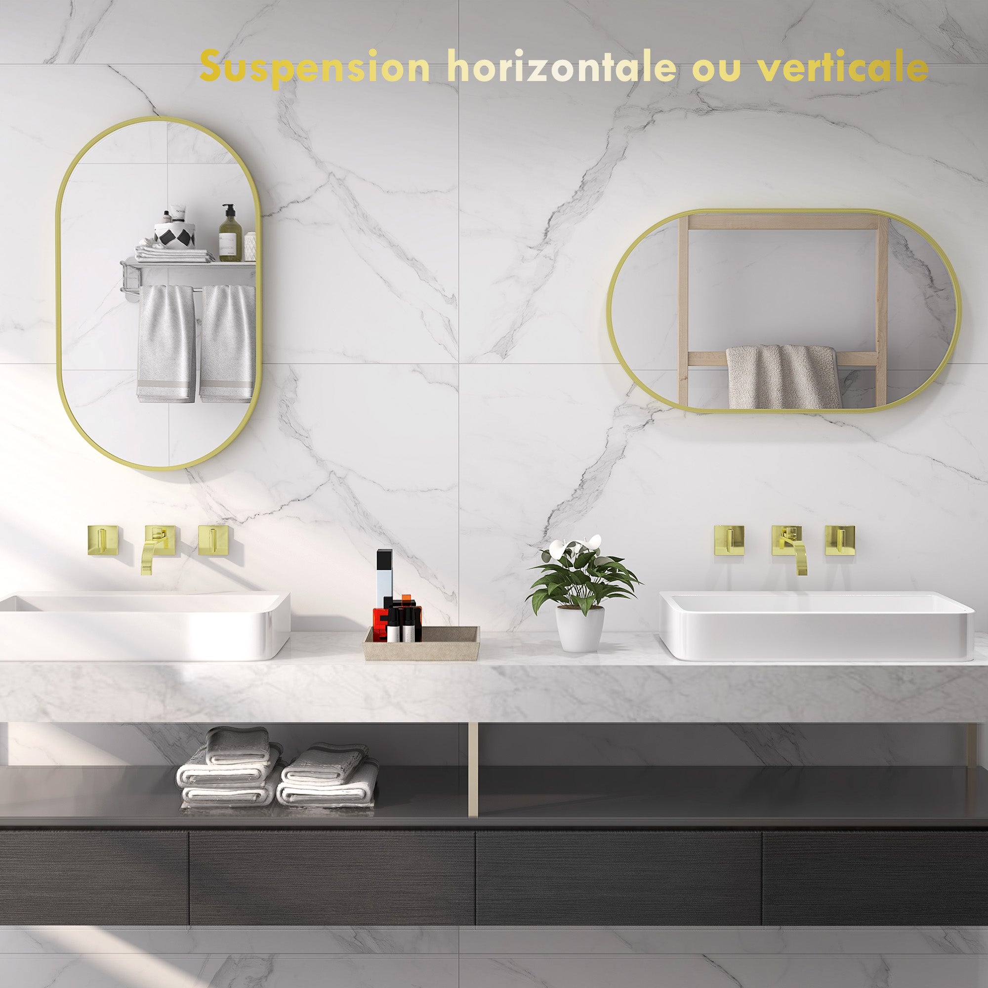 Miroir ovale mural cadre en aluminium style minimaliste montage vertical ou horizontal avec 3 crochets 40 x 70 cm doré