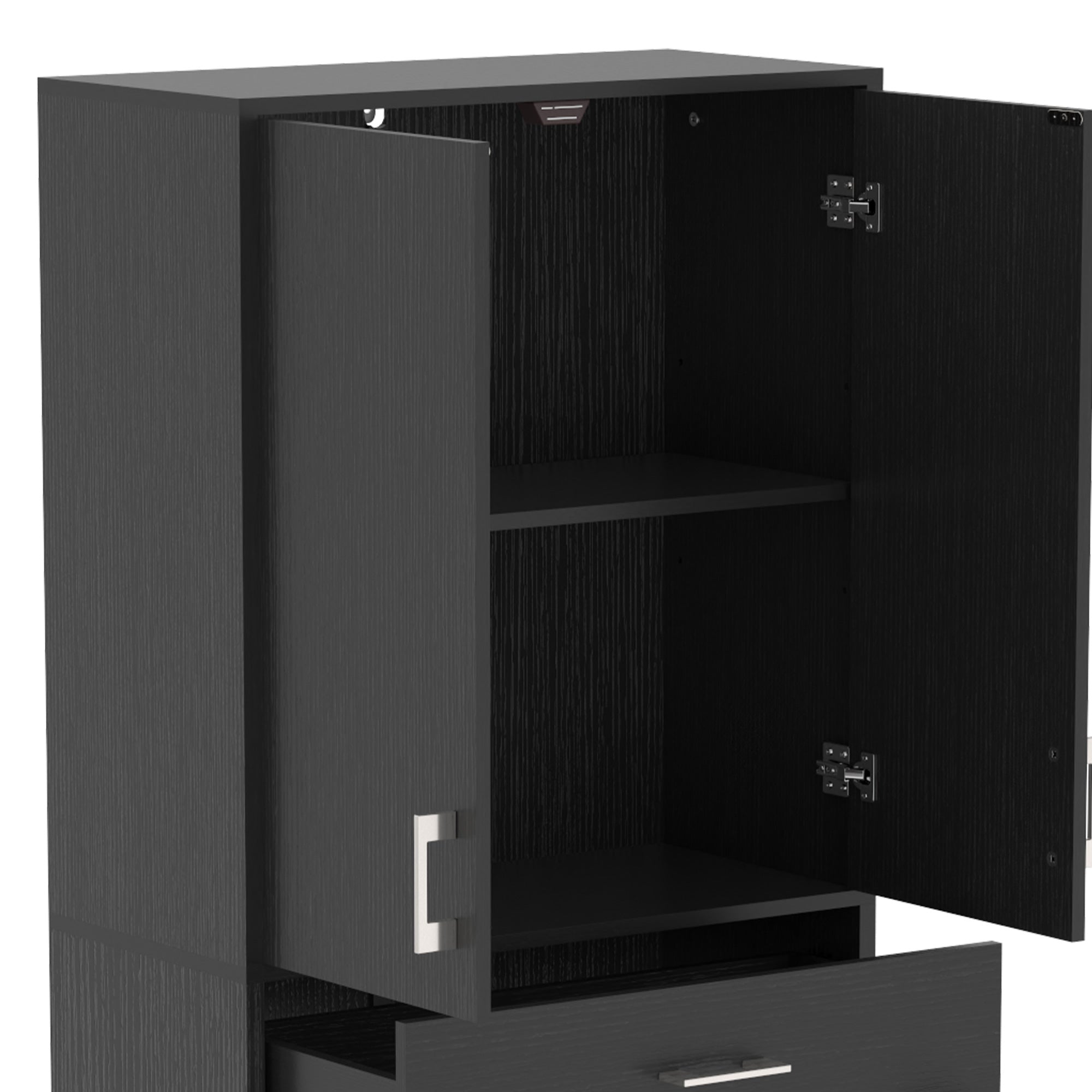 Aparador alto de cocina, 4 puertas, 2 armarios y 1 cajón central, altura 180 cm con 2 estantes ajustables, negro