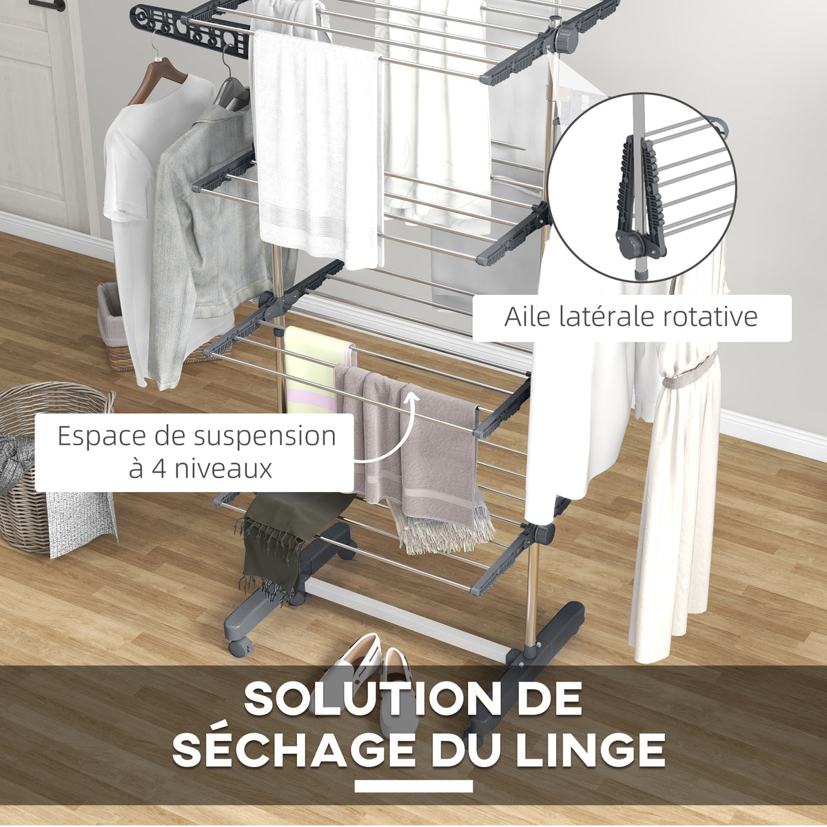Séchoir à Linge étendoir pliable ailes latérales utilisation intérieure et extérieure 142 x 55 x 172 cm 4 niveaux gris