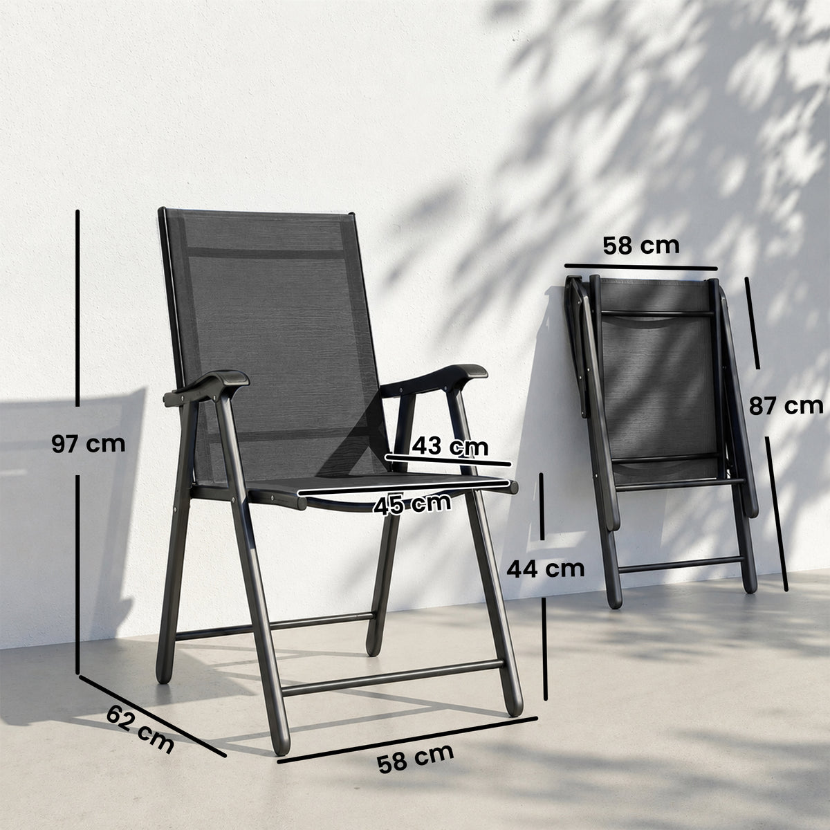Lot de 4 Chaises de Jardin Pliantes Structure Acier Robuste sans Montage Dossier Haut Ergonomique 58x62x97cm Noir
