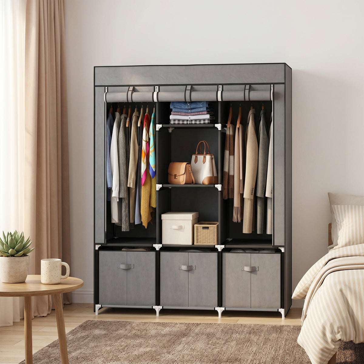 Faltbarer Stoffschrank mit 5 Regalen, 2 Kleiderstangen und 3 Stoffschubladen 125L x 43B x 162,5H cm