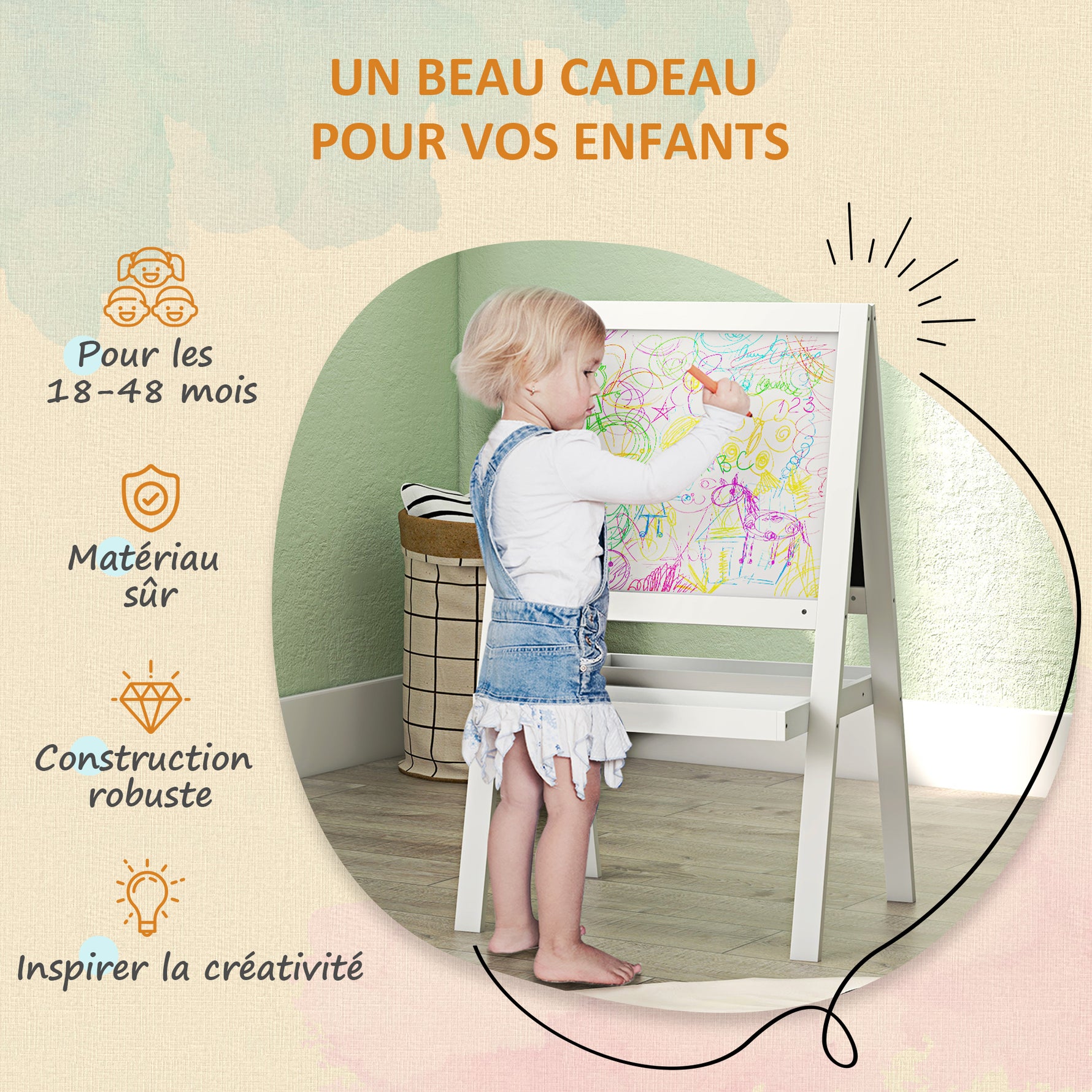 Tableau chevalet enfant 2 en 1 face ardoise magnétique et face tableau noir à craie blanc
