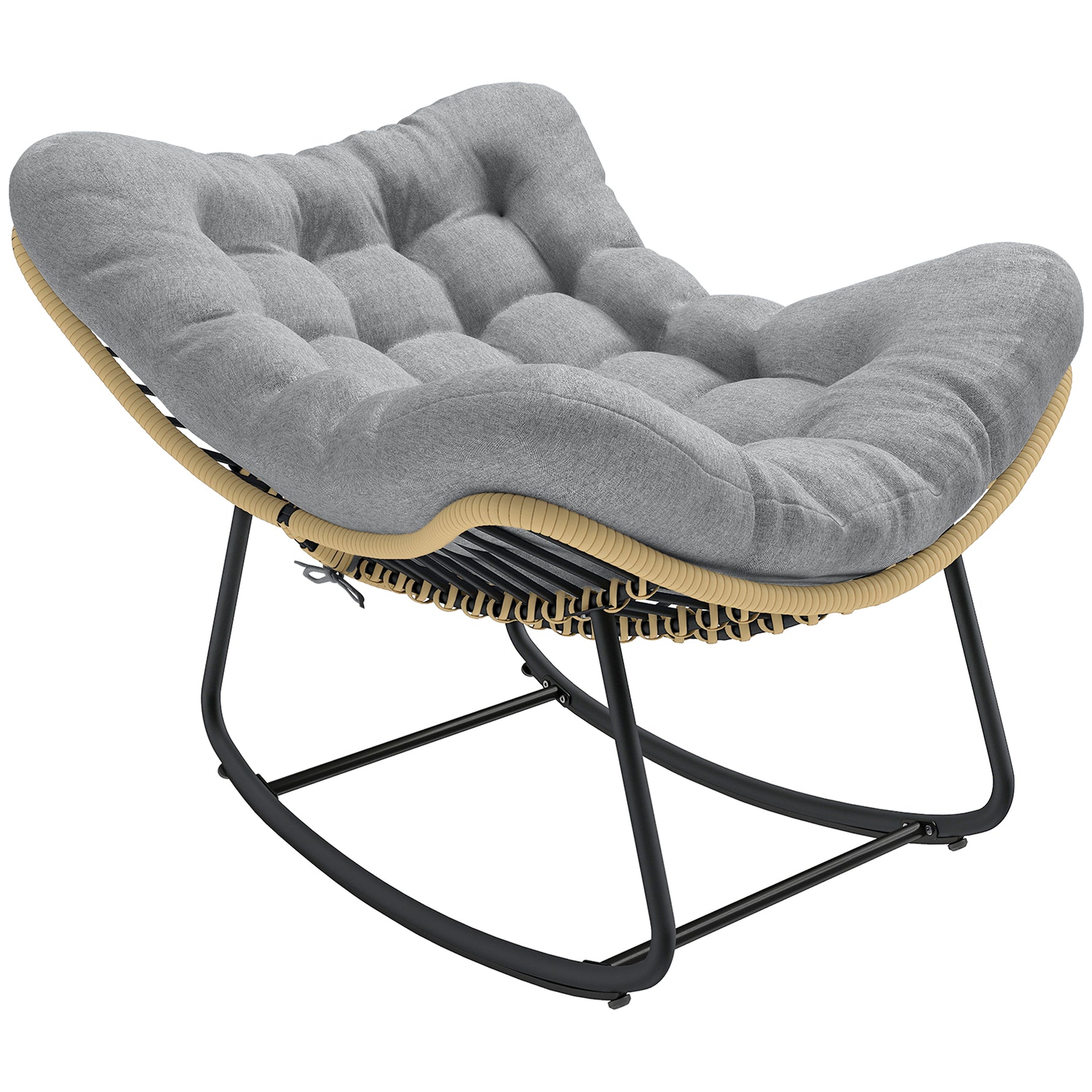 Fauteuil à bascule de jardin pour intérieur et extérieur, rocking chair en résine tressée avec coussin moelleux, gris