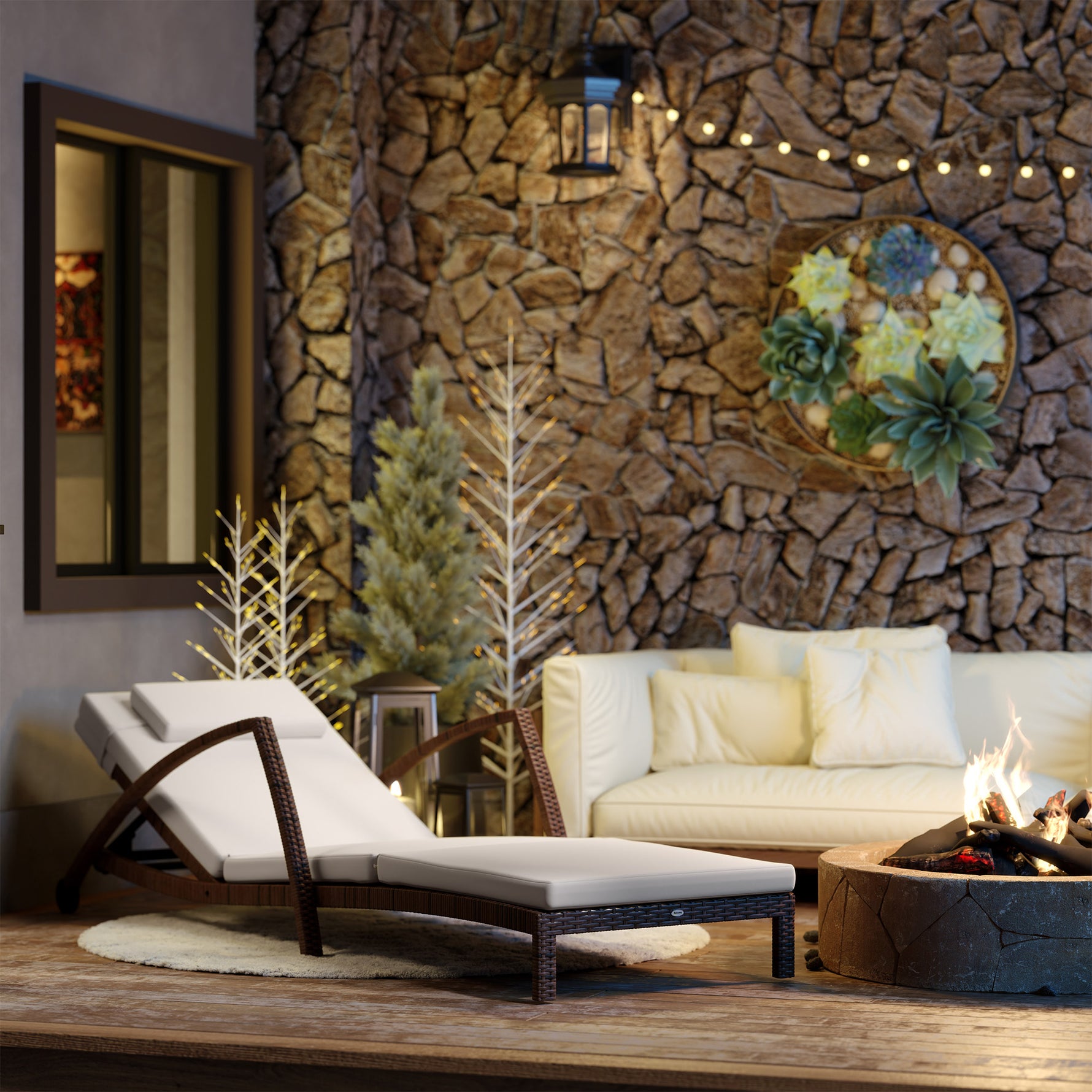 Bain de soleil, chaise longue en résine tressée avec dossier réglable, roulettes, coussin et accoudoirs, marron et beige
