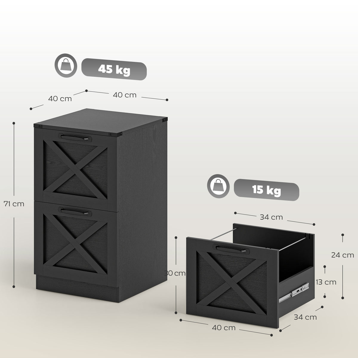 Cajonera de Oficina con 2 Cajones, Archivos Colgantes para Formatos Carta/A4, Estilo Rústico, 40x40x71cm, Negro