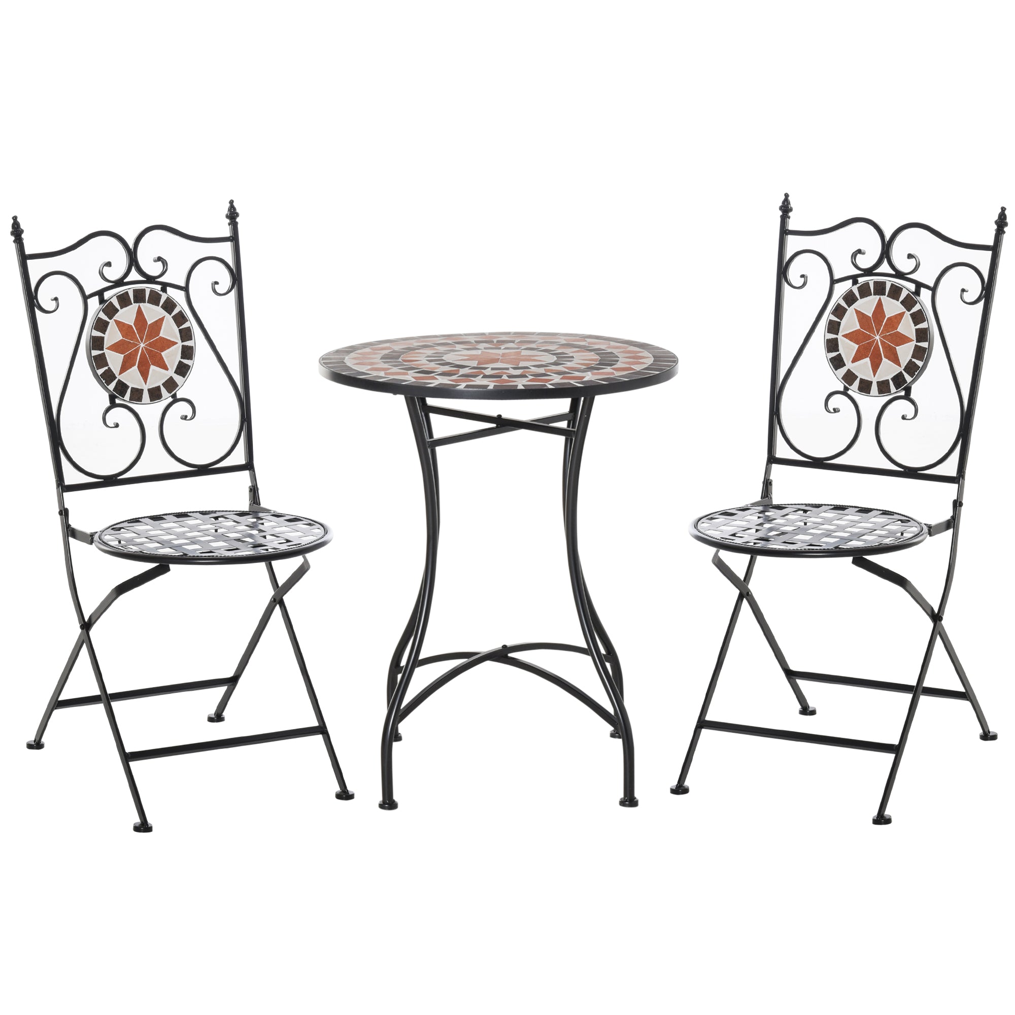 Ensemble Bistro 2 Places 3 pièces Style Fer forgé mosaïque céramique Motif Rose des Vents chaises Pliables