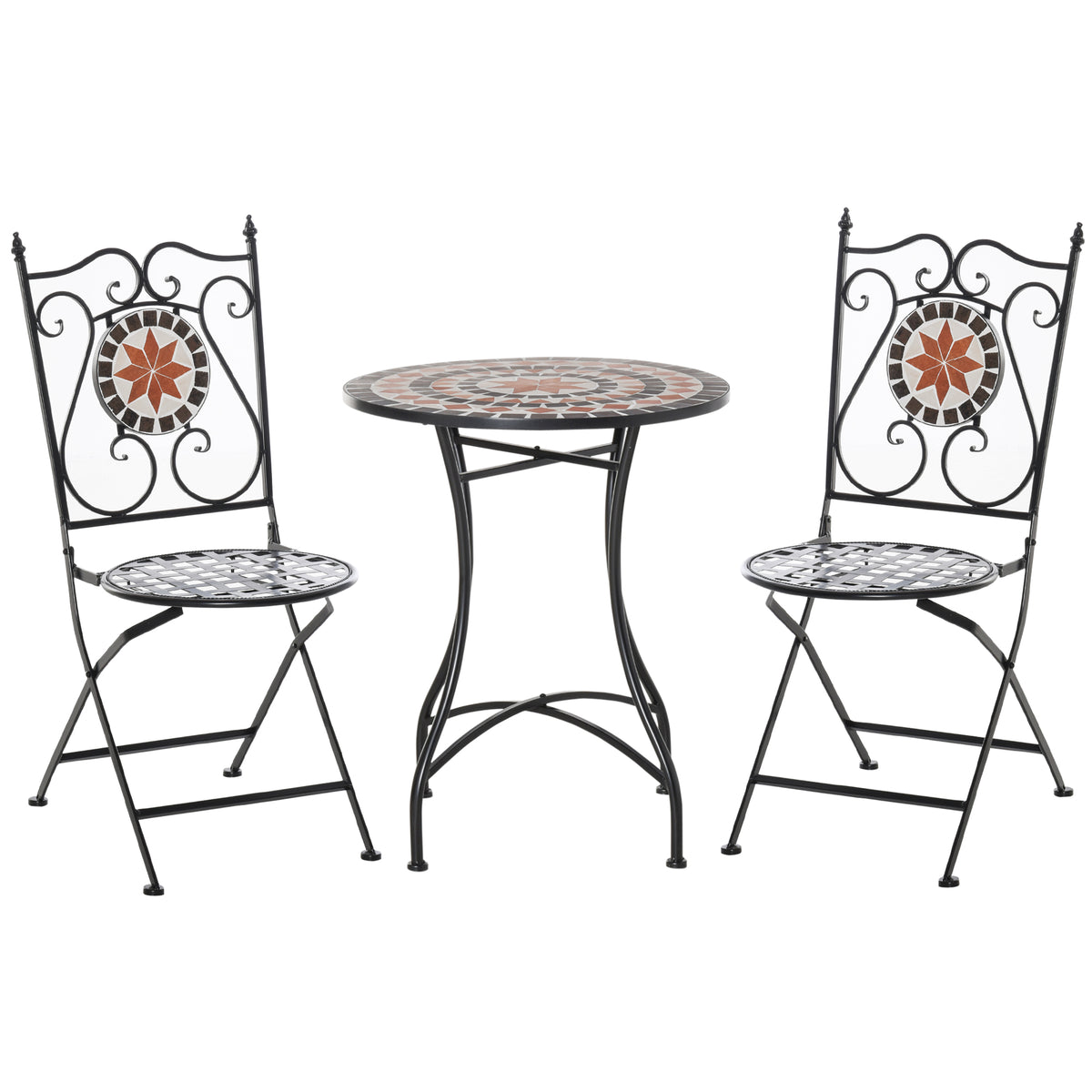 Ensemble Bistro 2 Places 3 pièces Style Fer forgé mosaïque céramique Motif Rose des Vents chaises Pliables