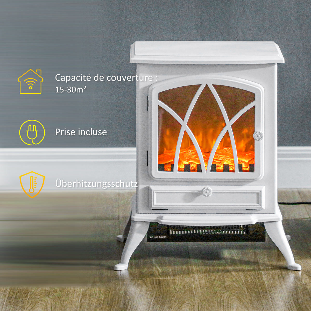 Cheminée électrique sur pied 1000/2000 W, fausse cheminée décorative avec effet flamme LED, blanc