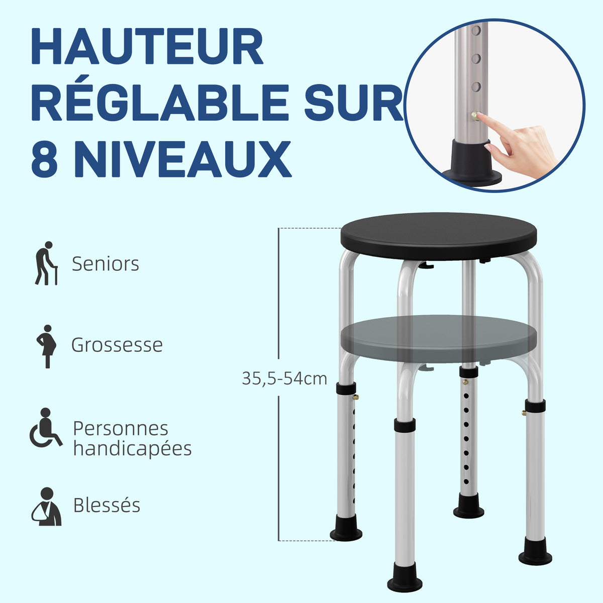 Tabouret de Douche réglable en Hauteur siège de Douche Ergonomique Pieds antidérapants Charge Max. 136 Kg alu HDPE Noir