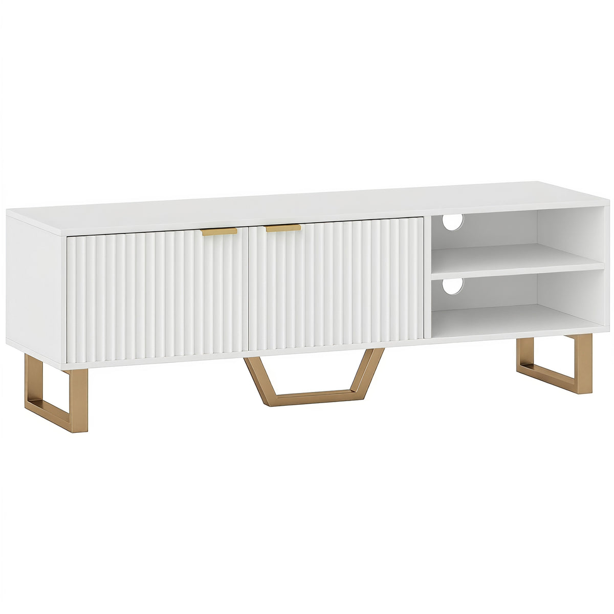 Meuble TV banc TV pour téléviseur jusqu'à 70 pouces - placard à 2 portes cannelées, compartiment ouvert et passe-câbles
