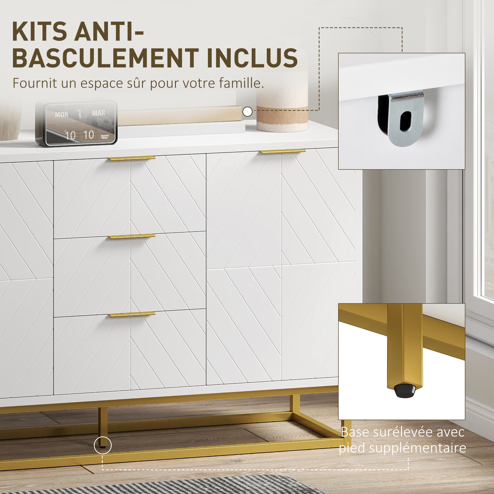 Aparador, mueble de cocina, diseño contemporáneo gráfico, 2 armarios con puerta, estantes ajustables, 3 cajones deslizantes, madera blanca y metal dorado, 120 x 40 x 76 cm