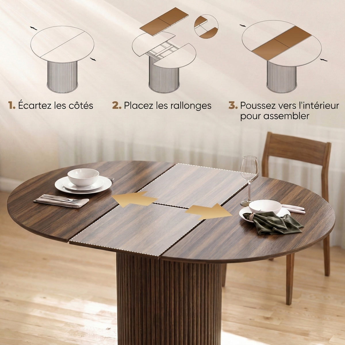 Mesa de Comedor Extensible para 6 a 8 Personas, 110-150 cm, Mesa de Cocina Ovalada con Base Central Redonda, Nogal