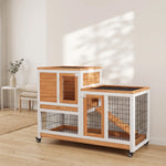 Clapier Lapin Intérieur sur Roulettes 2 Niveaux, Enclos, Rampe, 2 Portes Verrouillables, 2 Plateaux, 110x50x88cm, Jaune