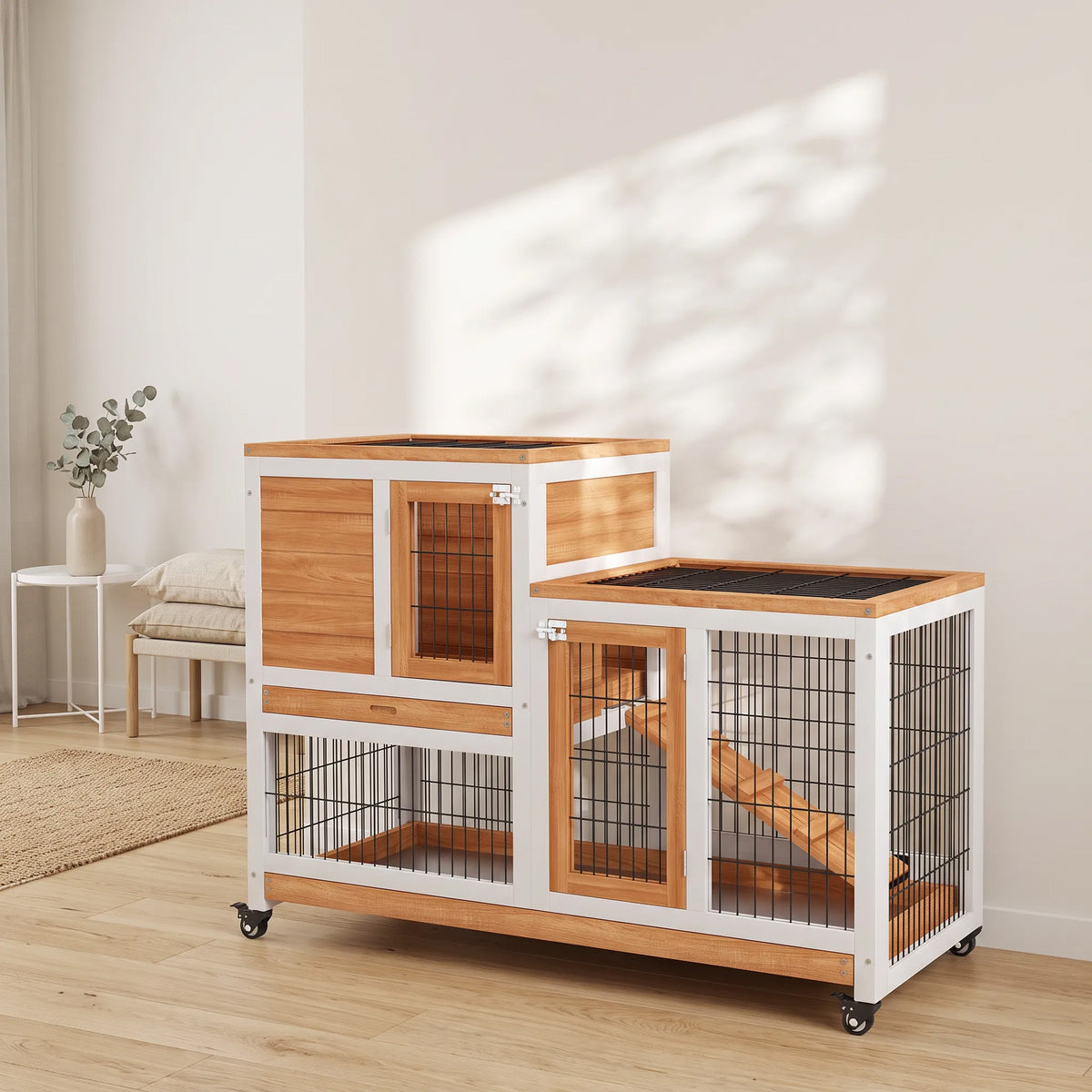 Clapier Lapin Intérieur sur Roulettes 2 Niveaux, Enclos, Rampe, 2 Portes Verrouillables, 2 Plateaux, 110x50x88cm, Jaune