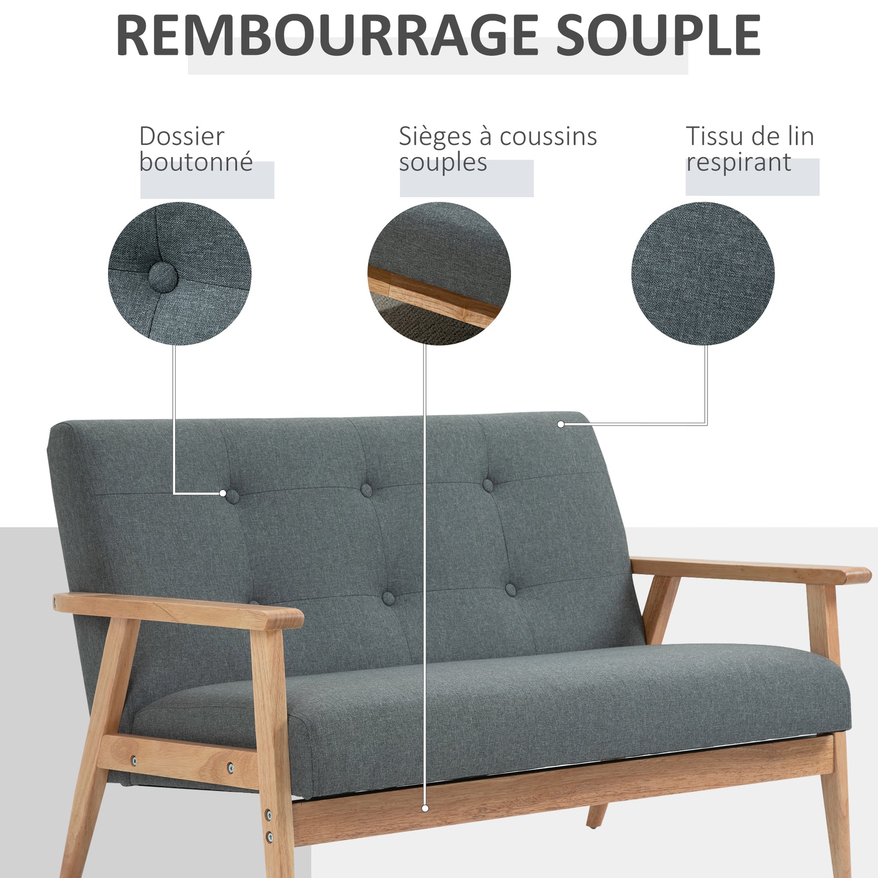 Canapé 2 places style scandinave avec accoudoirs, pieds en bois, 115l x 66,5P x 73H cm, gris