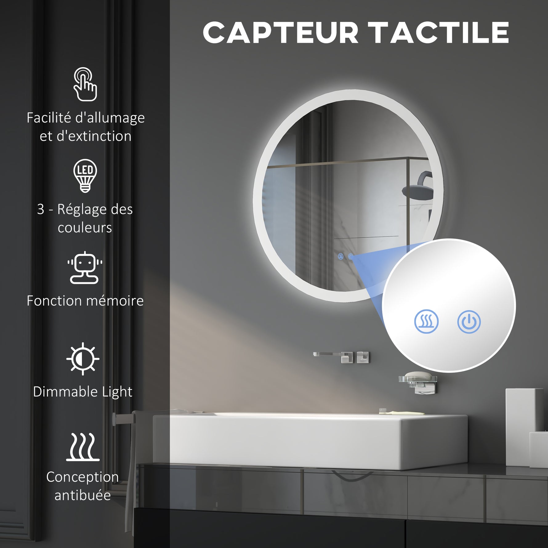 Miroir rond lumineux LED de salle de bain Ø 60 cm mural avec éclairage 3 couleurs interrupteur tactile 29 W gris