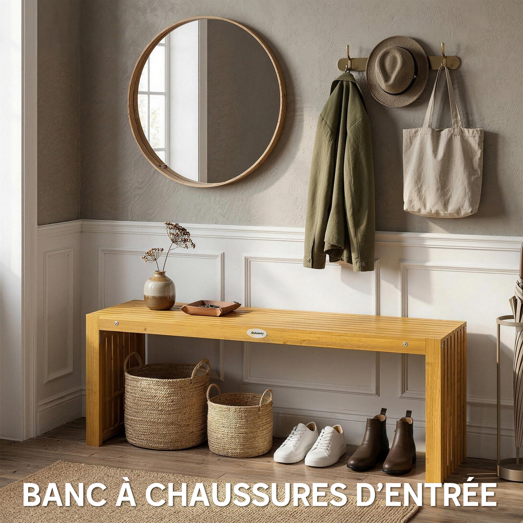 Banc de Jardin en Bois d'Acacia sans Dossier 2 Places, Assise à Lattes Effet Bois, 110x30x45cm, Bois naturel