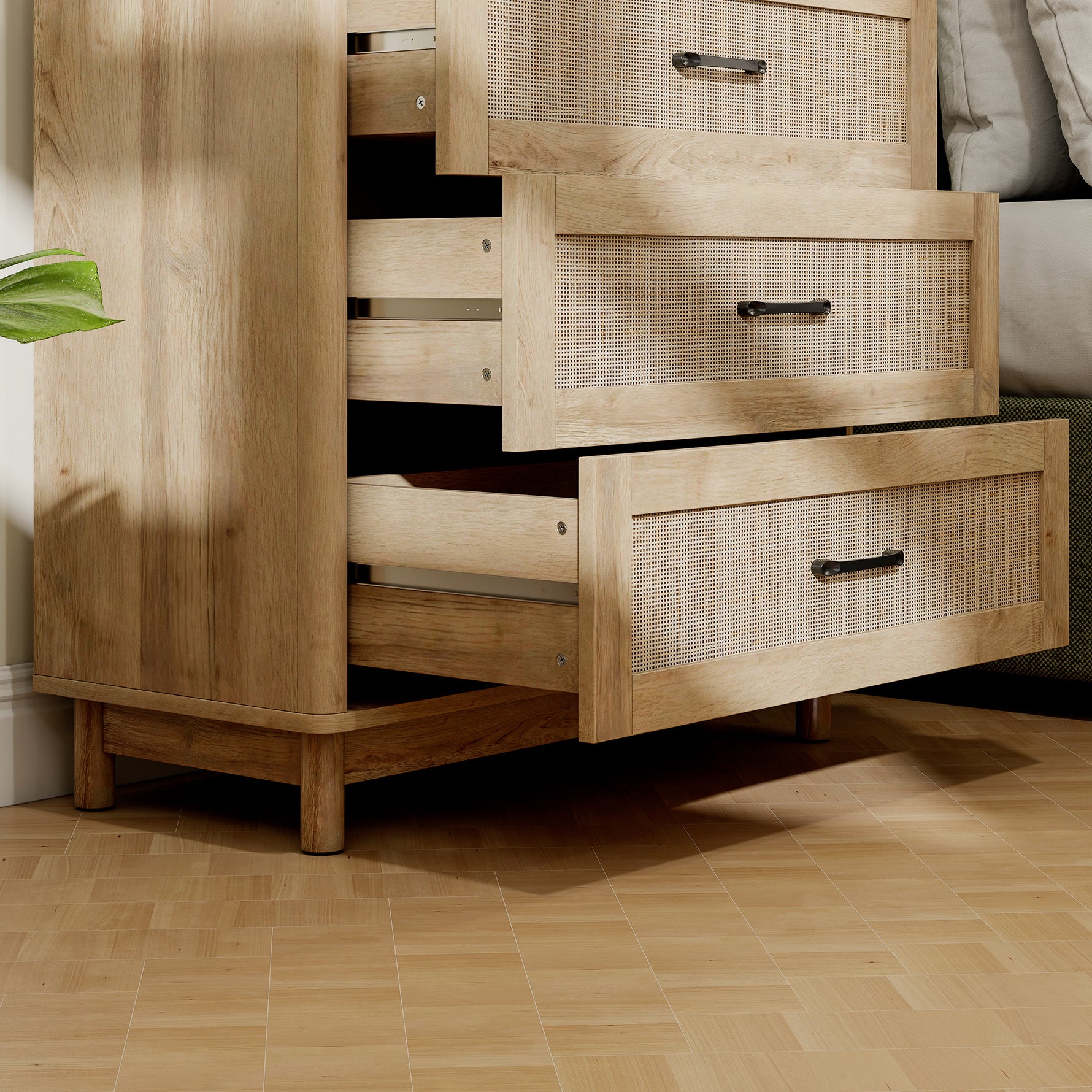 Commode 3 Tiroirs en Rotin, Meuble de Rangement, Chiffonnier, Pieds en Bois Massif, Style Bohème, 76x35x76cm, Chêne