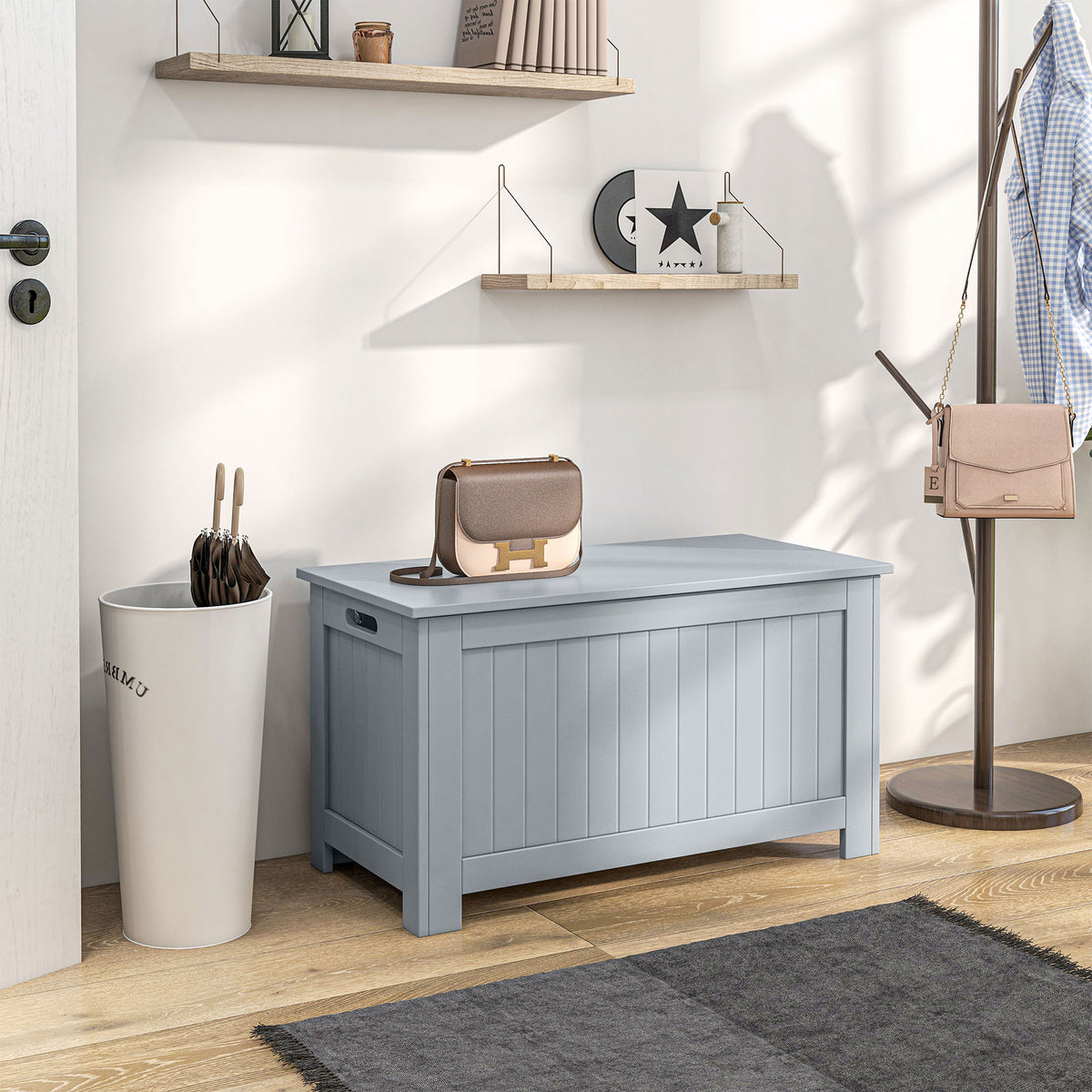 Storage chest with safety hinges wooden storage box toy chest flip-top lid grey
