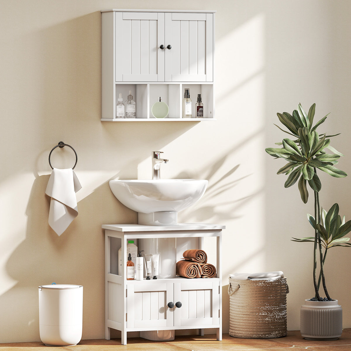 Armoire murale de salle de bain, meuble de rangement avec 2 portes, étagère réglable et compartiments ouverts, blanc