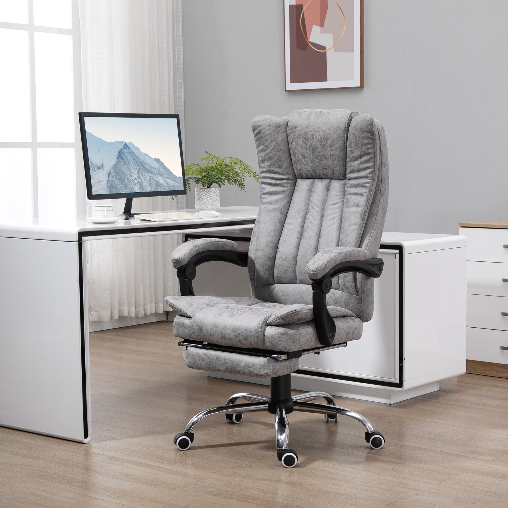 Fauteuil de bureau massant et chauffant, chaise de bureau, chaise ergonomique avec hauteur réglable, dossier inclinable, repose-pied et télécommande filaire, pivotant à 360°, gris