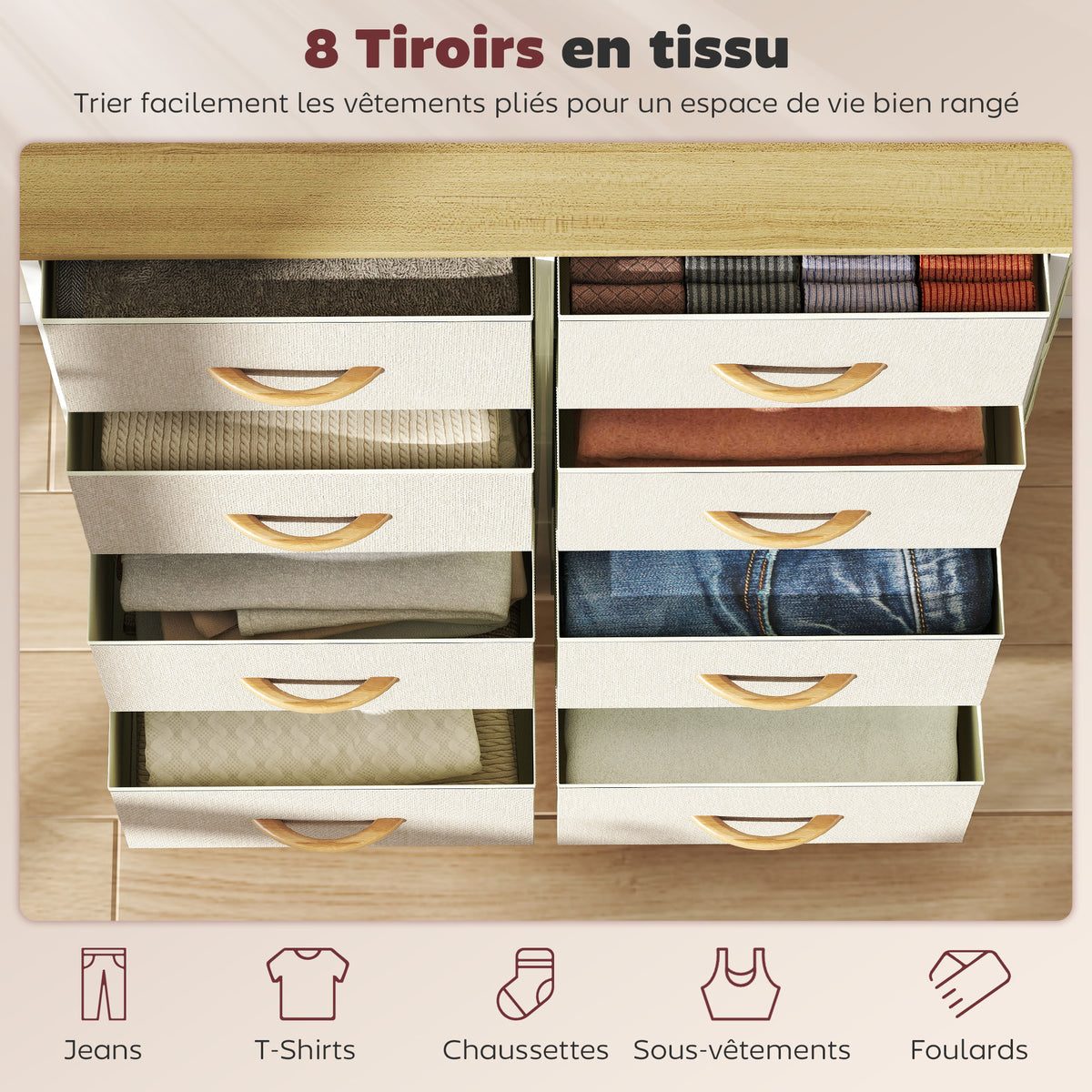 Cassettiera a 8 cassetti in tessuto, mobile contenitore con 4 tasche, 2 ganci, struttura in acciaio, 86 x 30 x 94,5 cm, beige