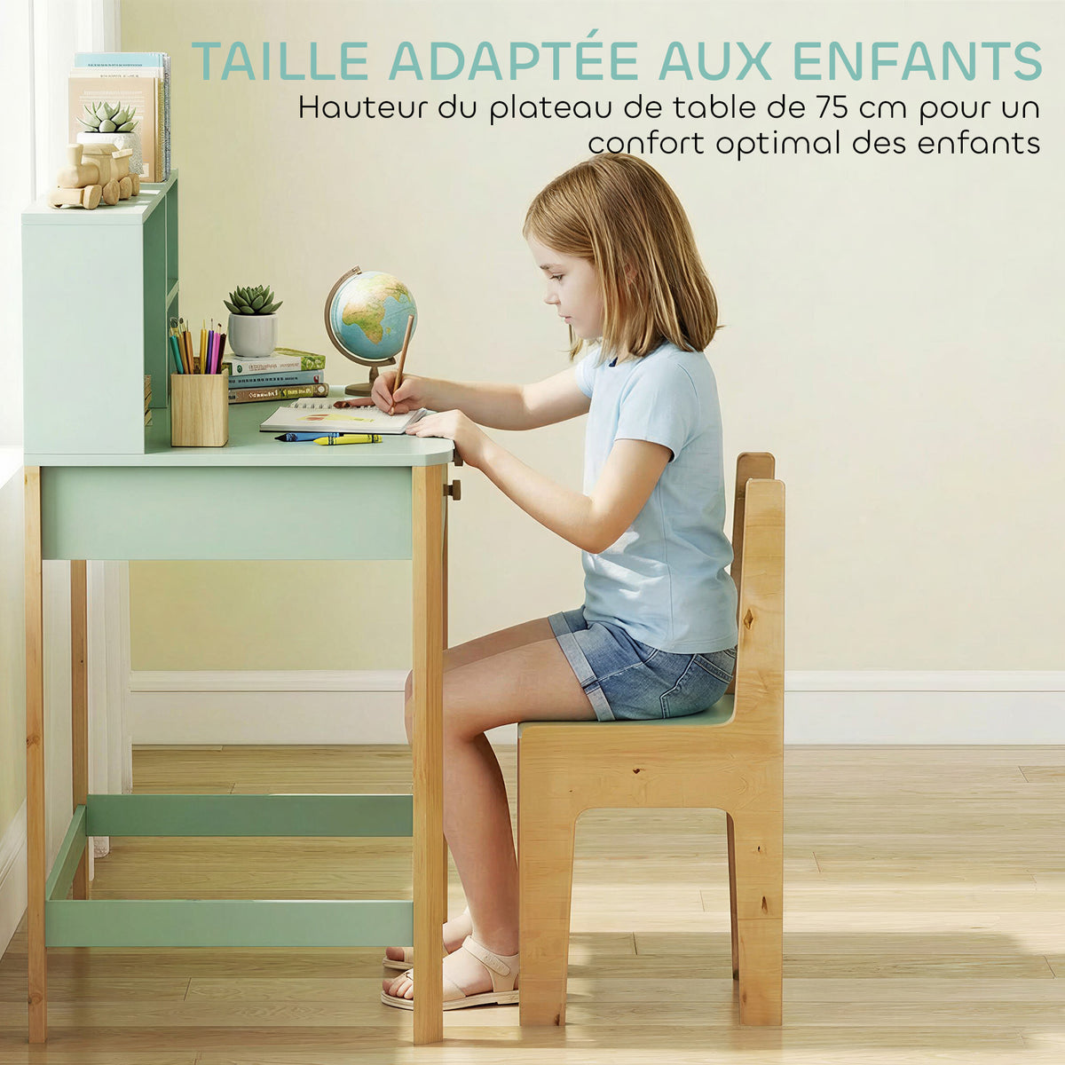 Bureau enfant en bois, bureau avec rangement, 2 tiroirs et 3 compartiments ouverts, plateau large, 90x52x105cm, vert