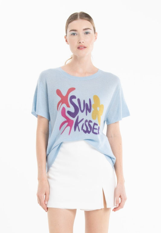 T shirt col rond manches courtes femme en cachemire déjaugé bleu ciel & imprimé - KELLY 18