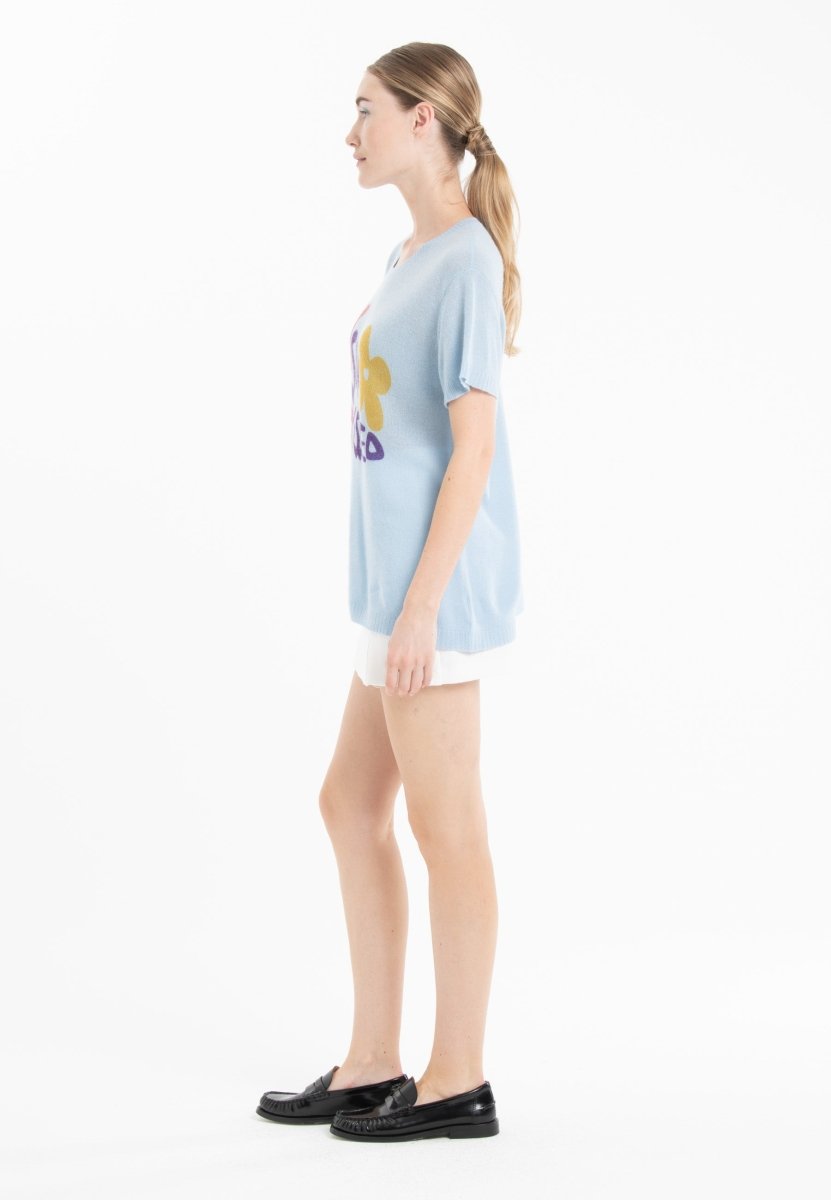 T shirt col rond manches courtes femme en cachemire déjaugé bleu ciel & imprimé - KELLY 18